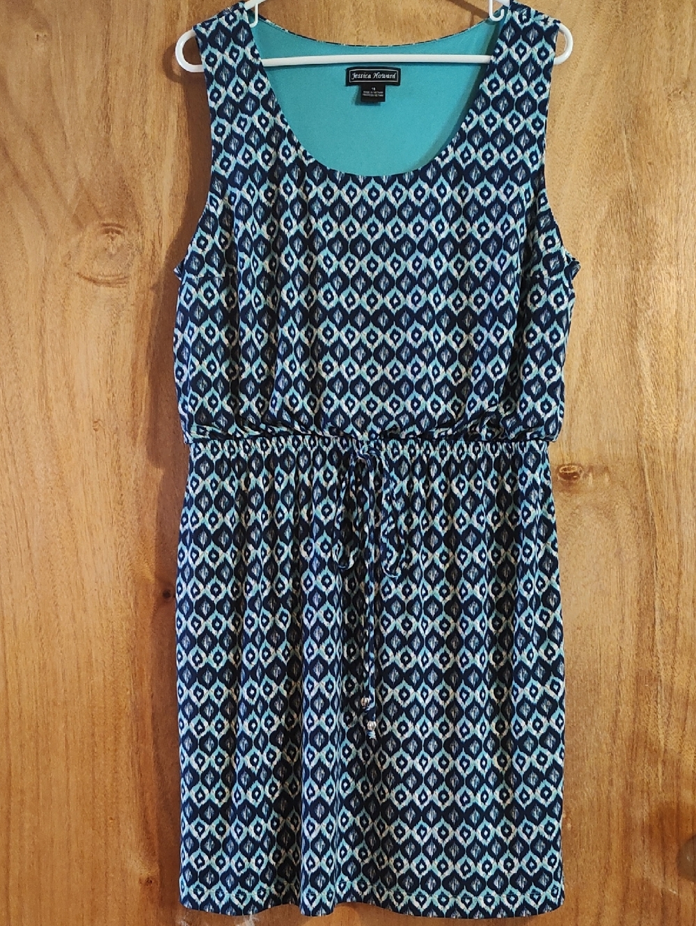 Jessica Howard Casual Drawstring Dress Navy Teal Sleeveless Stretch Lined 16